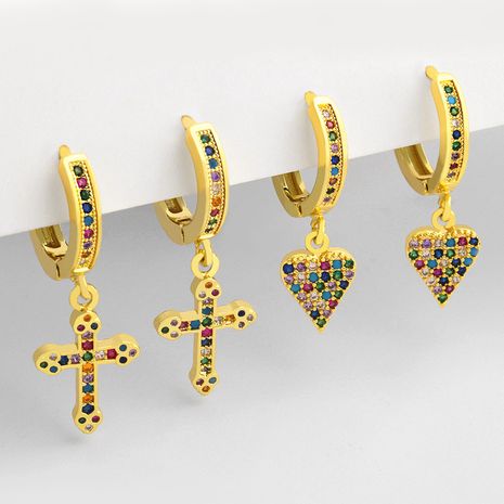 Boucles d'oreilles en cuivre d'amour rétro croix zircon coloré de vente chaude pour les femmes en gros's discount tags
