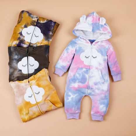 autumn and winter baby clothes one-piece hooded velvet tie-dye romper's discount tags