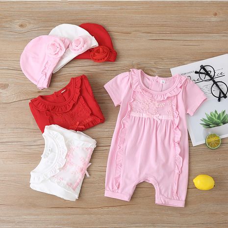 Summer baby girl short-sleeved one-piece solid color sweet short romper's discount tags