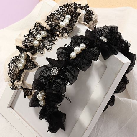 Korean retro lace pearl cute wide-side fabric headband   NHAU264644's discount tags