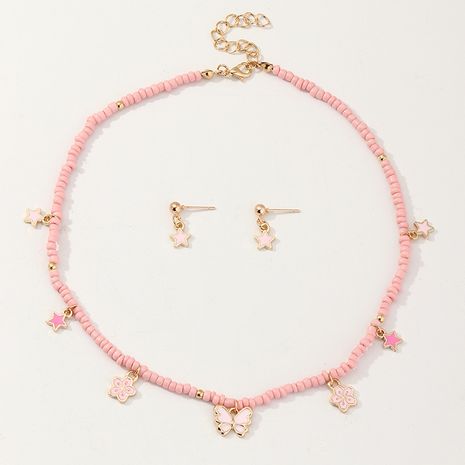 Conjunto de collar de tachuelas con colgante de concha de mariposa con cuentas de arroz rosa estilo bohemio para niños's discount tags