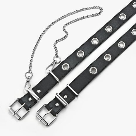 Korean ladies casual punk full hole black belt chain decoration pin buckle belt wholesale NHPO253336's discount tags