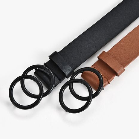New style double circle black buckle ladies belt pure color fashion decorative jeans belt's discount tags
