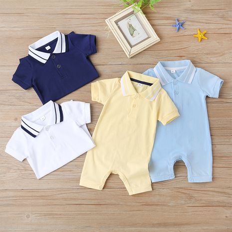  new short-sleeved collar solid color fashion gentleman baby short romper jumpsuit wholesale NHLF254118's discount tags