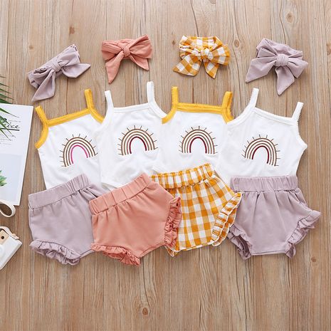 Summer Baby Girl   Romper Plaid Shorts Three-piece Baby Pants Set Fashion Baby Clothe's discount tags