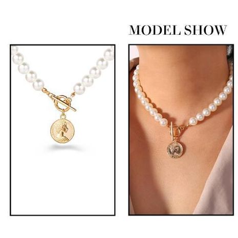 New artificial pearl coin pendant necklace creative retro simple  necklace's discount tags