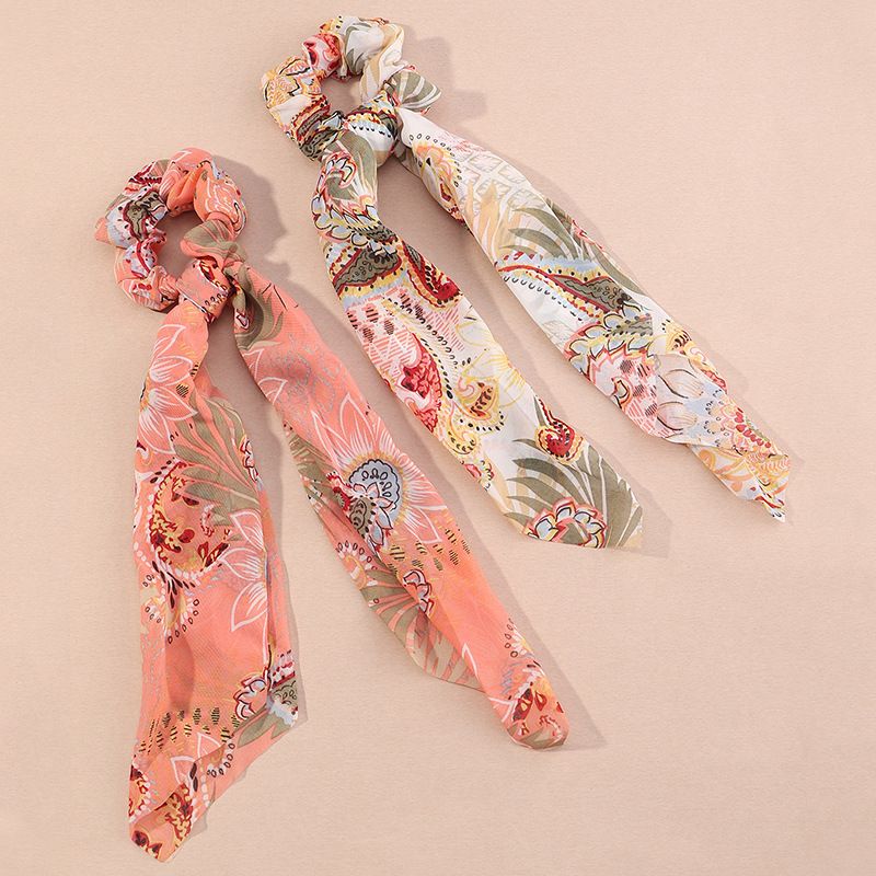 Fashion new satin floral knotted streamer long scarf hair scrunchies set