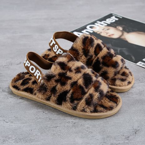 Fashion Leopard plush open-toed ladies hair slippers's discount tags