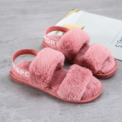 Fashion plush slippers heel belt ladies plush slippers's discount tags