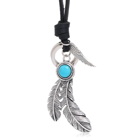 creative feather pendant black leather necklace  NHPK307206's discount tags