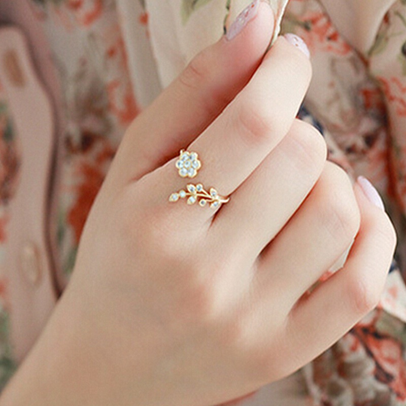 fashion diamond leaves flowers opening ring