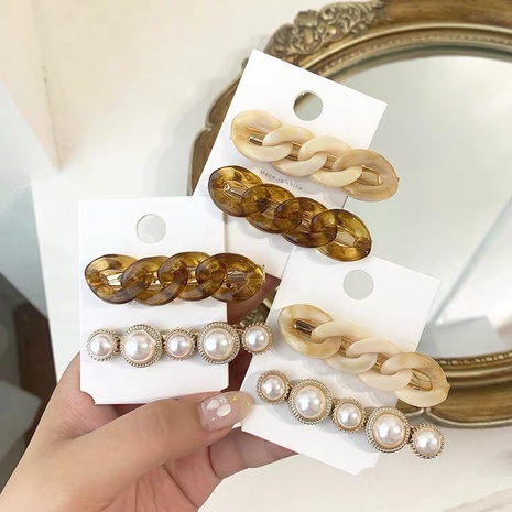 Korea simple chain pearl hairpin set NHAQ312572's discount tags