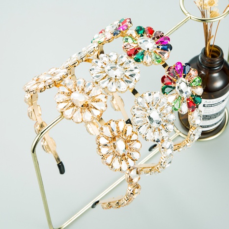 new fashion exaggerated metal inlaid glass diamond flower headband's discount tags