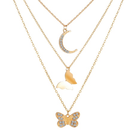 collar de tres capas de luna de aleación con colgante de mariposa de diamantes de imitación con incrustaciones's discount tags