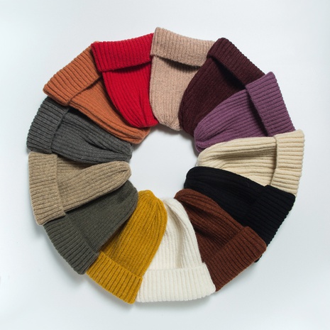 Sombrero de punto coreano otoño e invierno moda sombrero de lana a rayas sombrero frío de cobertura de reborde de color sólido's discount tags