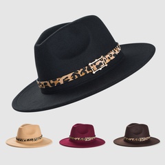 Cross-border British retro woolen hats leopard print leather buckle accessories felt hat fashion simple big brim jazz hat