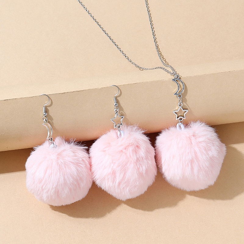 Korean version of creative small fresh sweet star and moon fluffy ball sweater chain earrings set