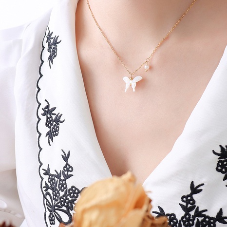 simple shell carving butterfly pearl pendant titanium steel necklace jewelry NHOK441866's discount tags