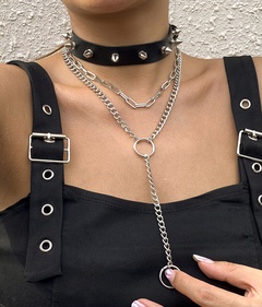 punk three-dimensional rivet sweet cool PU item set geometric ring hollow chain necklace