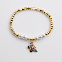 New cross-border fashion zircon hand jewelry European and American copper bead pearl butterfly elastic bracelet