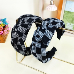 Korean version of the new fabric headband wide-sided checkerboard lattice cross knotted headband