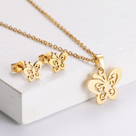 stainless steel hollow butterfly pendant earrings clavicle chain set NHON442600's discount tags