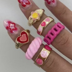 European and American cross-border new flower smiley ring fashion pink heart stitching ring 6-piece set