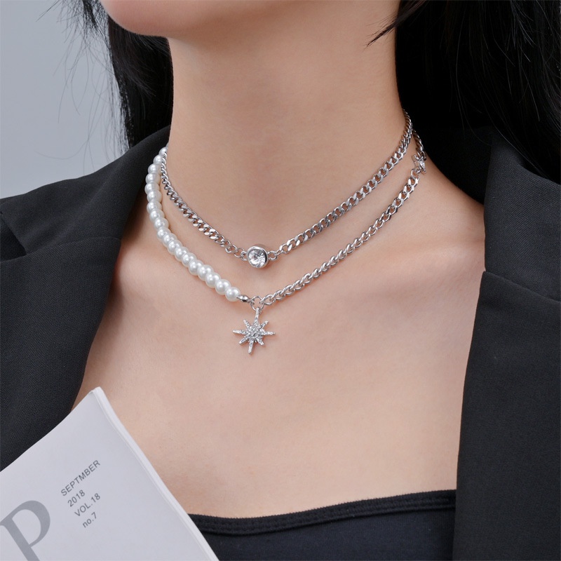 South Korea double layered necklace star pearl splicing stainless steel clavicle chain