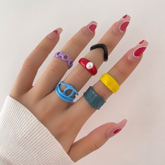 Cross-border new color macaron alloy spray paint geometric opening personality simple ring six-piece set