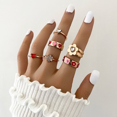 European and American cross-border new product retro color love flower rhinestone joint ring fashion six-piece set