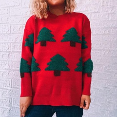 Autumn and winter new clashing color tree loose round neck long sleeve pullover sweater