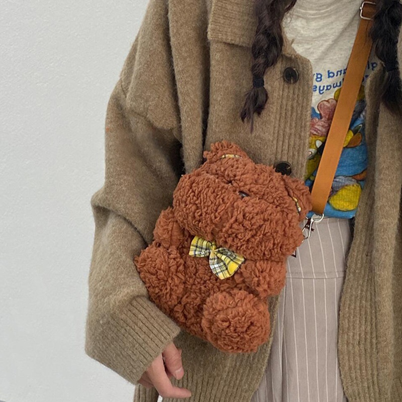 Internet Celebrity Cute Small Bag Womens Bag 2021 New Fashion Autumn and Winter Plush Cartoon Little Bear Pattern Bag Lovely Girl One Shoulder Messenger Bag