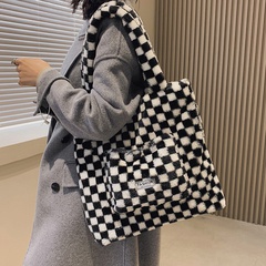 black and white checkerboard large capacity plush tote bag autumn and winter new simple plush shoulder bag