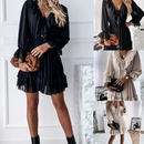 Fall 2021 new solid color Vneck longsleeved laceup ruffle dress womens clothingpicture6