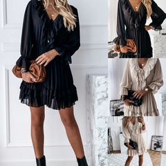Fall 2021 new solid color V-neck long-sleeved lace-up ruffle dress women's clothing