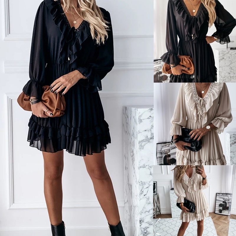 Fall 2021 new solid color Vneck longsleeved laceup ruffle dress womens clothing