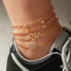 new product retro butterfly anklet 4-piece fashion metal snake-shaped key anklet