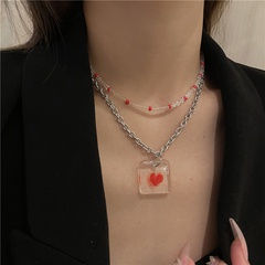 Stainless steel chain fashion ins double layered clavicle chain transparent heart pendant necklace
