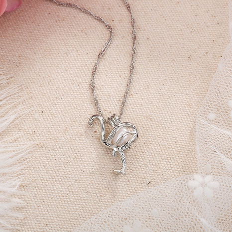 creative simple and cute animal necklace can open and close hollow pearl cage flamingo pendant accessories's discount tags