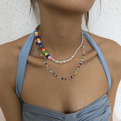 Bohemian Color Bead Necklace Imitation Pearl Resin Necklace Retro Hip Hop Double Necklace