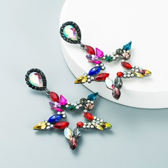 fashion exaggerated colored glass diamond large hollow five-pointed star earrings