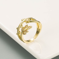 Korean Creative Personality Flower Leaves Gold-Plated Ring Female Finger Pure Copper Micro-Inlaid Color Zircon Ring Opening Adjustable