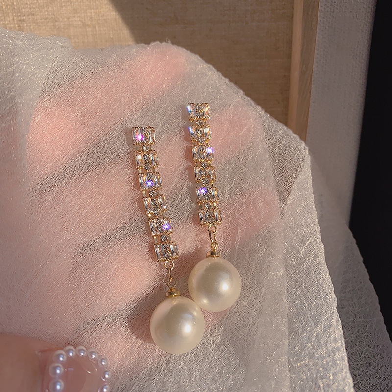 retro temperament diamond long tassel pearl pendant earrings