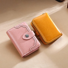 Cross-border leather ladies short wallet two fold women's zipper retro waxed leather wallet wholesale