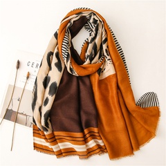 soft cotton and linen hand-feel scarf diagonal stripe color matching leopard print loose beard printing sunscreen shawl scarf