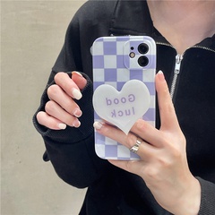 simple gentle purple chessboard heart bracket Apple 13Promax 12pro mobile phone case