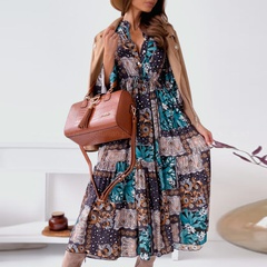 Autumn and winter long-sleeved flared sleeve waist printed dress