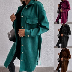 Abrigo de lana de manga larga con cordones de color sólido de otoño invierno para mujer