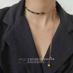 fashion retro black leather rope adjustable necklace personality long pendant clavicle chain