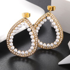 Korea simple drop-shaped pearl zircon temperament copper earrings